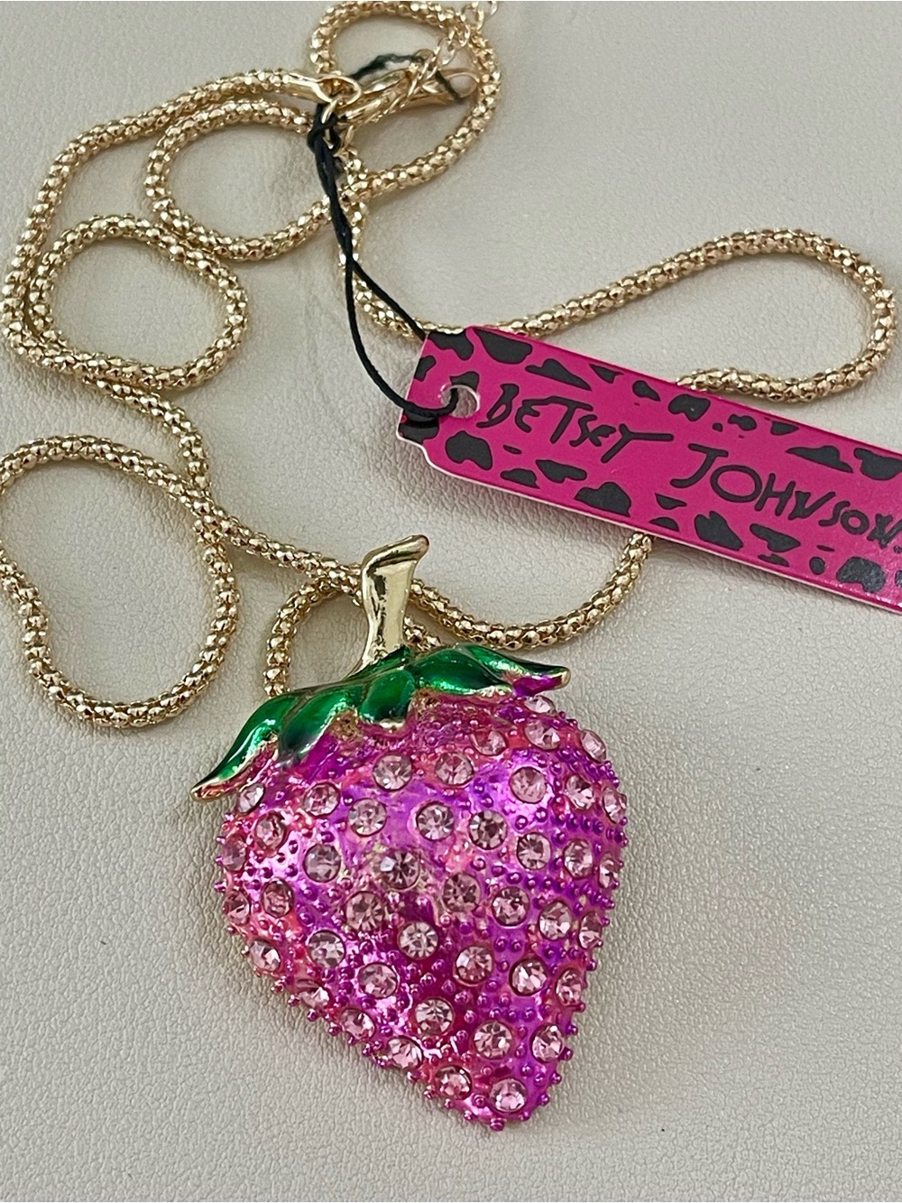 Betsey Johnson Pink Crystal Strawberry Pendant Gold Statement Necklace - Picture 2 of 8